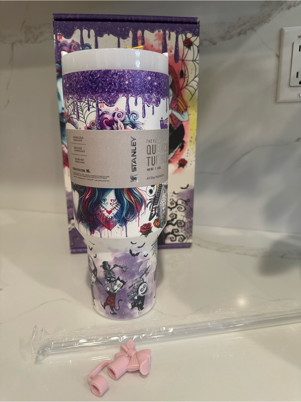 Stanley White, Purple and Pink Drip Art Insulated Tumbler with Pink Straw Topper